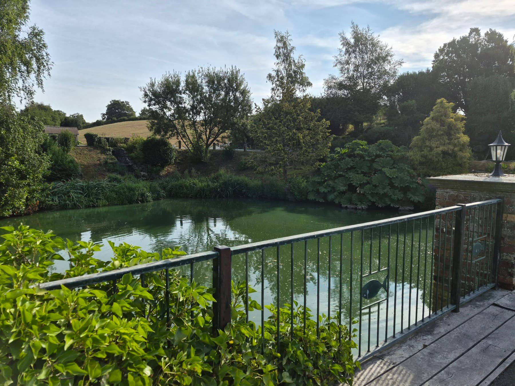 A quiet pond behind the iron railings, each gate decorated with a small fish